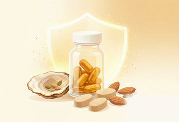 Warm amber editorial illustration of a supplement bottle with zinc capsules, zinc lozenges, an oyster shell, almonds, and pumpkin seeds against a soft golden shield on a light cream background