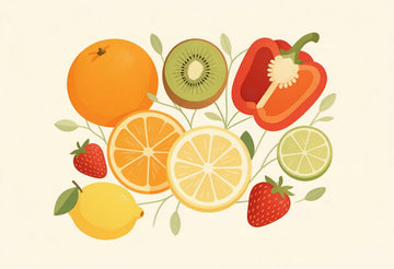 Fresh oranges, citrus slices, kiwi, bell pepper, and strawberries on a cream background illustrating the vitamin C for immune health theme.