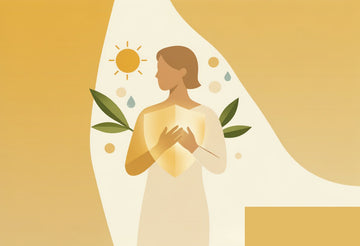  Calm adult figure holding a soft golden shield over the chest with sun, leaves and water drops on a warm cream background, illustrating weak immune system signs and immune protection.