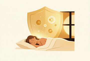 Editorial illustration of a person sleeping peacefully under a glowing golden shield with immune cell orbs floating above, on a warm cream background, illustrating the sleep immune system theme.