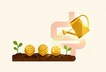  Prebiotics vs probiotics: golden microbe orbs as seeds in soil, watered by a golden can of prebiotic fiber