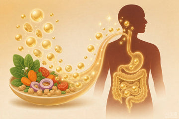 Improve nutrient absorption: golden nutrient orbs flow from a plate of vegetables through a glowing golden digestive tract.
