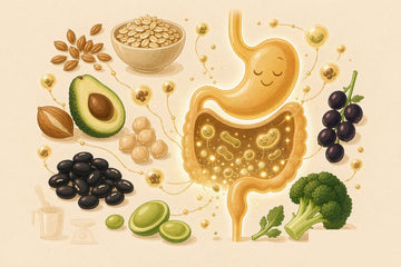 Fiber and gut health: golden fiber strands and whole foods flow into a smiling golden gut with glowing microbiome orbs.