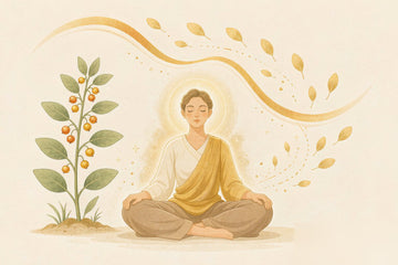 Ashwagandha for stress: a calm person in a golden glow beside an ashwagandha plant, with a downward golden wave representing falling cortisol.