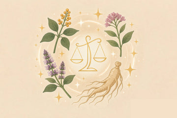 Editorial flat vector illustration of four adaptogenic herbs around a golden balance scale