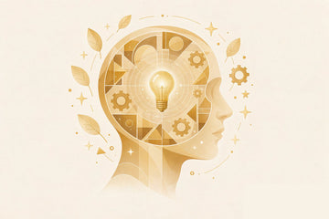 Editorial flat vector illustration of a golden human head profile with a glowing lightbulb, gears, and leaves symbolizing focus and concentration