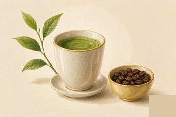 A ceramic cup of matcha green tea beside a small bowl of coffee beans, representing the calming focus pairing of L-theanine and caffeine.
