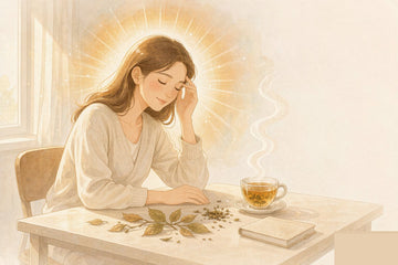 A calm person with a warm amber glow around the head, sitting at a sunlit desk with a cup of herbal tea — illustrating brain fog causes and natural solutions for mental clarity.