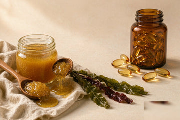 Editorial illustration: a glass jar of golden sea moss gel with a wooden spoon next to an amber supplement bottle spilling softgel capsules, on a warm cream background, comparing sea moss gel vs capsules formats.