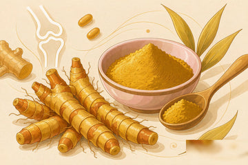 Turmeric for joints: fresh turmeric roots and golden curcumin powder editorial illustration in warm amber tones.