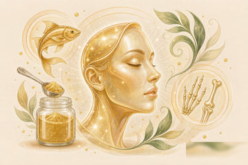 a luminous female face profile surrounded by a golden collagen powder jar with scoop, fish, leaves, and a joint-and-bone icon in warm amber editorial illustration.