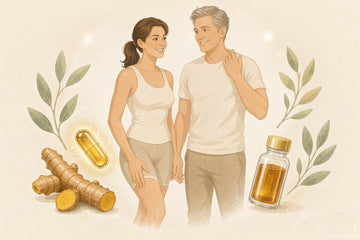 Middle-aged couple smiling and touching their joints, with turmeric root and supplement bottle in a warm amber editorial illustration for joint health.