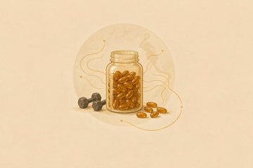 Bottle of amber supplement capsules beside a dumbbell in a warm gold editorial illustration for L-arginine & L-citrulline pre-workout benefits.