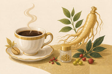 Warm gold editorial illustration comparing a coffee cup with ginseng root, an amber supplement bottle and berries for natural energy supplement options.