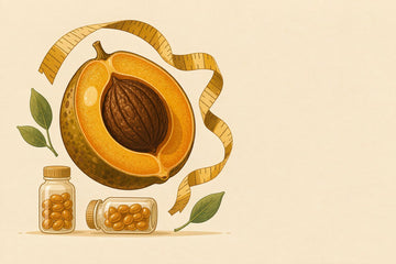 Warm gold editorial illustration of a halved African mango (Irvingia gabonensis) showing the golden pulp and a rough brown seed, with amber supplement capsules for an African mango weight loss article.