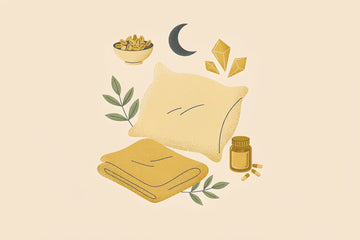 Magnesium for sleep: editorial illustration of a soft pillow, amber supplement jar, pumpkin seeds, herbs, and golden magnesium crystals on a warm cream background.