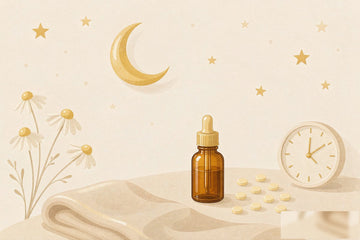 Melatonin dosage: editorial illustration of a calm night-time bedroom with a crescent moon, an amber supplement bottle with dropper, small tablets, a bedside clock, chamomile flowers and a folded blanket on a warm cream background.