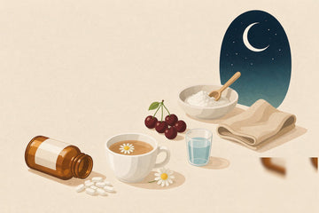 Natural sleep aid supplements: editorial illustration of a calm bedside scene with an amber supplement bottle and capsules, a chamomile tea cup with a chamomile flower