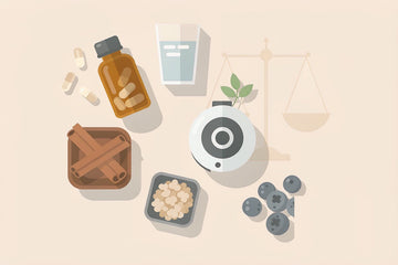 Blood sugar support: editorial illustration of a balanced still-life with an amber supplement bottle and capsules