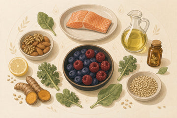 Anti-inflammatory foods: editorial flat-lay illustration of salmon, blueberries and raspberries, extra-virgin olive oil, walnuts and almonds, leafy kale and spinach