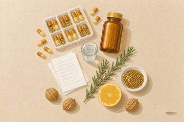 Supplements for beginners: amber supplement bottle, weekly pill organizer with capsules, water glass and a checklist.