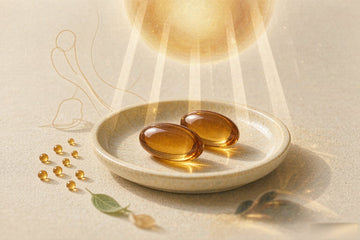 Vitamin D3 with K2: two amber softgel capsules in a ceramic dish under warm golden sunlight.