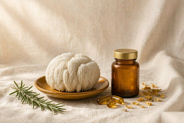 Lion's mane mushroom benefits: shaggy white mushroom, amber supplement jar, gold plate.