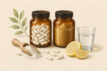 Magnesium glycinate vs citrate: two amber jars, capsules, powder scoop, lemon, water glass.