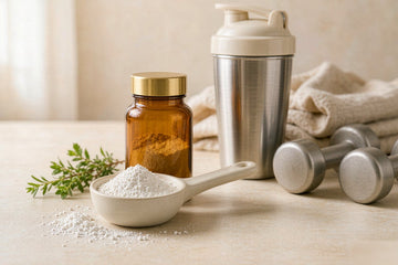 Creatine for women: powder scoop, amber jar, shaker bottle, light dumbbells. 