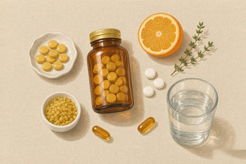 Vitamin C and zinc together: amber supplement jar, golden tablets, orange half, water glass