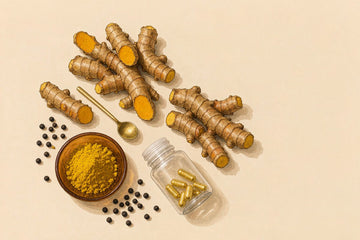 Turmeric vs curcumin: fresh turmeric root, golden powder dish, black peppercorns, supplement capsules