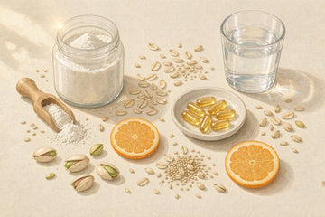 Inositol for insulin resistance: powder jar, scoop, capsules, oats, orange slices