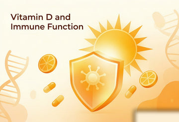 Warm amber illustration of a sun, protective shield, DNA helix, and supplement capsules representing vitamin D and immune support